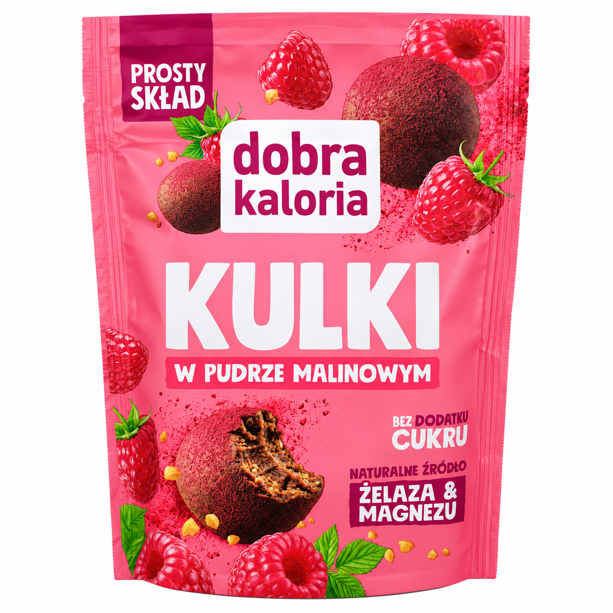 Kulki w pudrze malinowym Dobra Kaloria 65 g. Bez dodatku cukru, prosty skład i naturalne źródło żelaza oraz magnezu. Odkryj malinową przekąskę!
