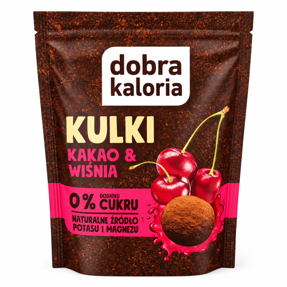 Kulki kakaowe z wiśnią Dobra Kaloria 65 g. Bez dodatku cukru, naturalne źródło potasu i magnezu. Odkryj wyjątkowe połączenie kakao i wiśni!