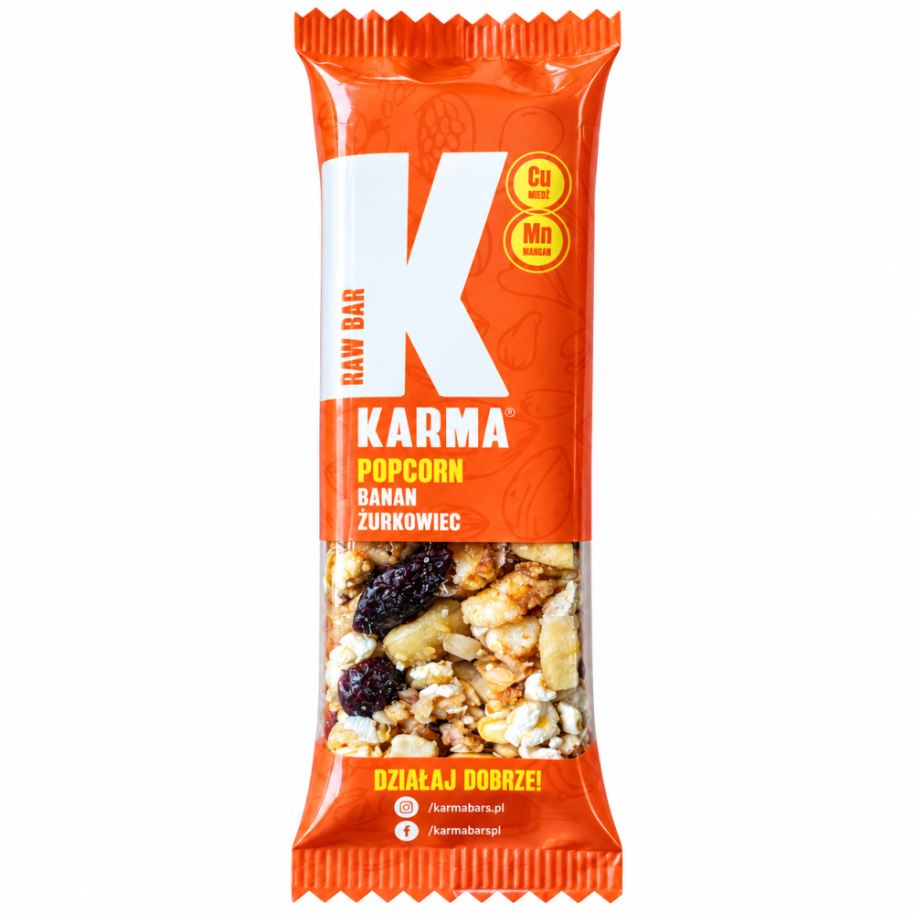 Baton Karma Popcorn z bananem i żurawiną. Chrupiąca przekąska o owocowym smaku, zawierająca miedź i mangan. Odkryj wyjątkowy smak Karma Bars!