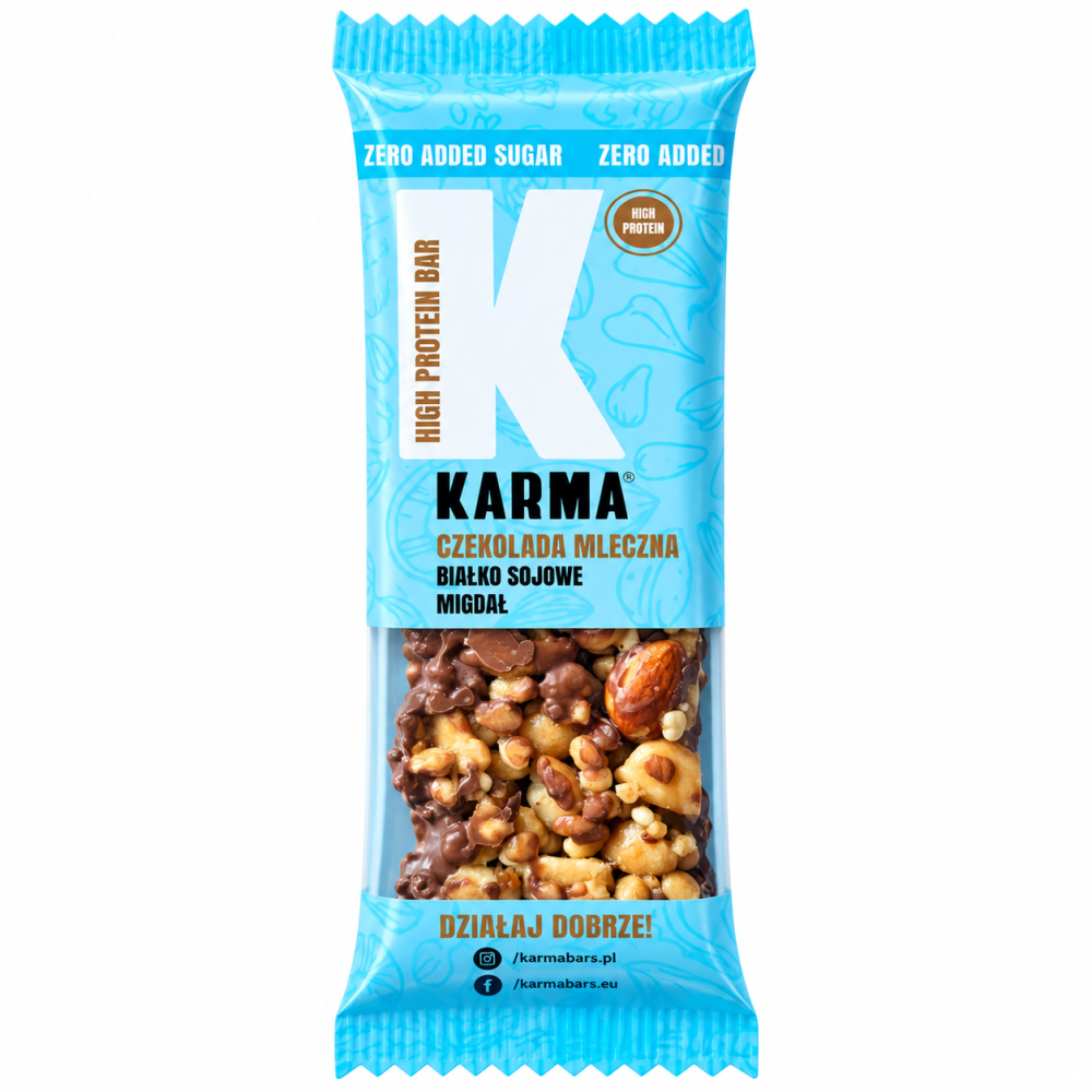 Baton proteinowy Karma z mleczną czekoladą, białkiem sojowym i migdałami. Wysoka zawartość białka, bez dodatku cukru. Odkryj smaczną przekąskę!