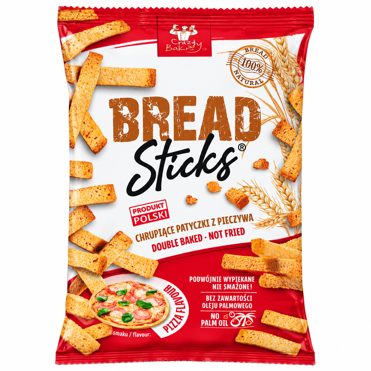 Bread Sticks Pizza Crazy Bakery to chrupiące paluszki z pieczywa o smaku pizzy. Podwójnie wypiekane, niesmażone, bez oleju palmowego. Sprawdź!