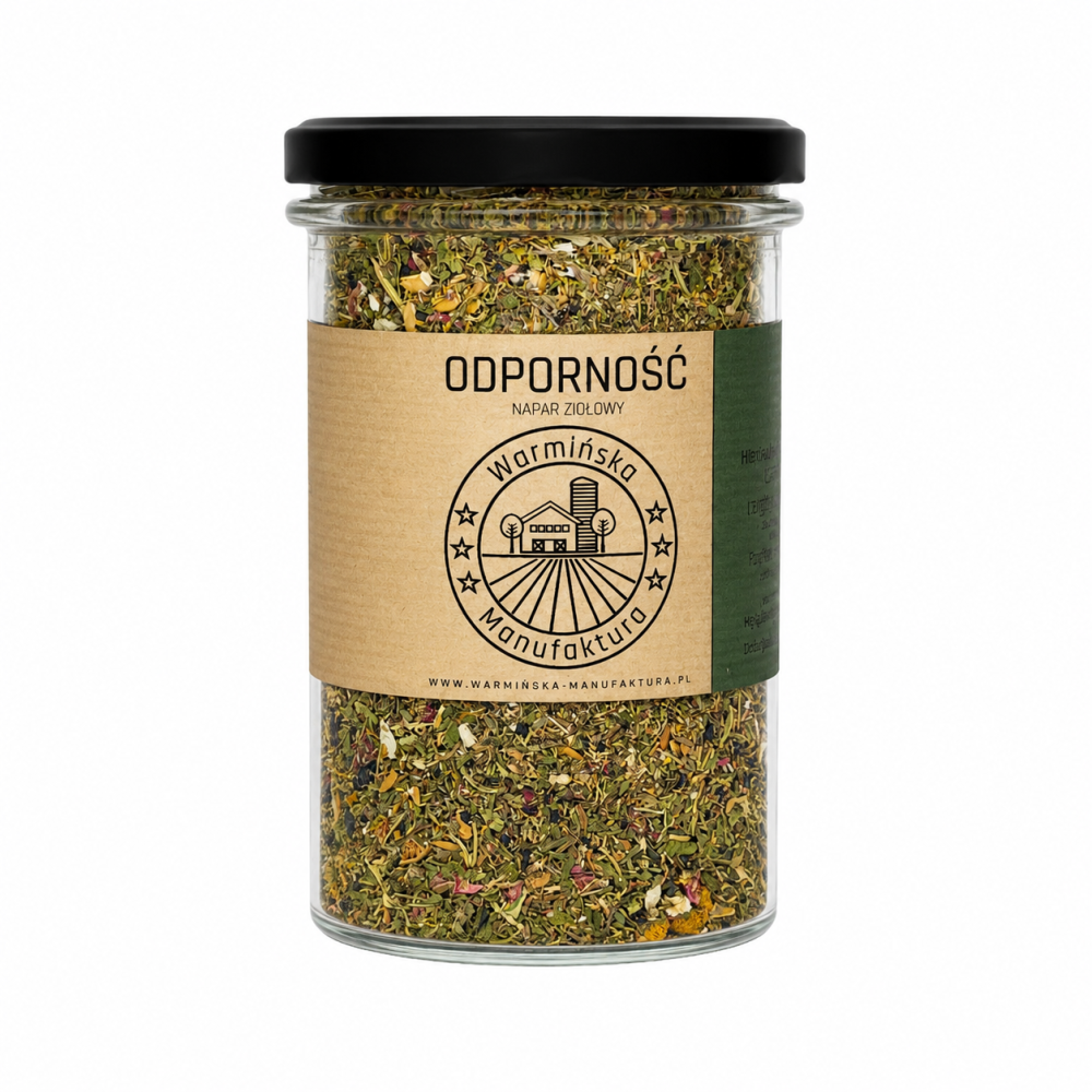 Naturalny napar ziołowy „Odporność” marki Warmińska Manufaktura to aromatyczna mieszanka starannie dobranych ziół, stworzona z myślą o codziennym wsparciu organizmu. Bez sztucznych aromatów i konserwantów.