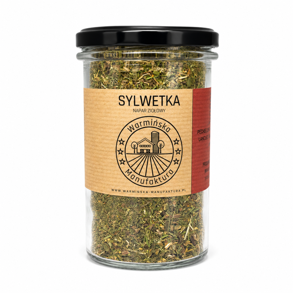 Napar ziołowy „Sylwetka” Warmińska Manufaktura to aromatyczna mieszanka starannie dobranych ziół, zamknięta w praktycznym szklanym słoiku. Doskonała do przygotowania naturalnego naparu o wyrazistym smaku i zapachu.