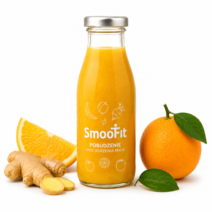 smoofit pobudzenie, korzeń maca, guarana, brzoskwinia, banan, jabłko, pomarańcza, 250ml