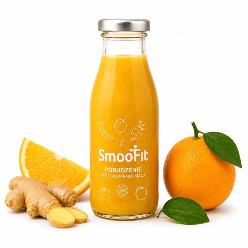 smoofit pobudzenie, korzeń maca, guarana, brzoskwinia, banan, jabłko, pomarańcza, 250ml