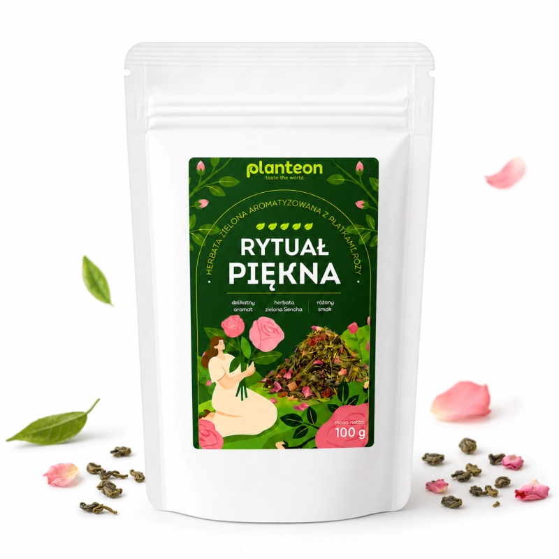 planteon, herbata rytuał piękna, herbata zielona sencha z płatkami róży, 50g