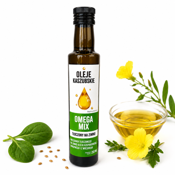 kaszubskie oleje, olej omega mix rzepakowy, konopny, wiesiołek, 250 ml