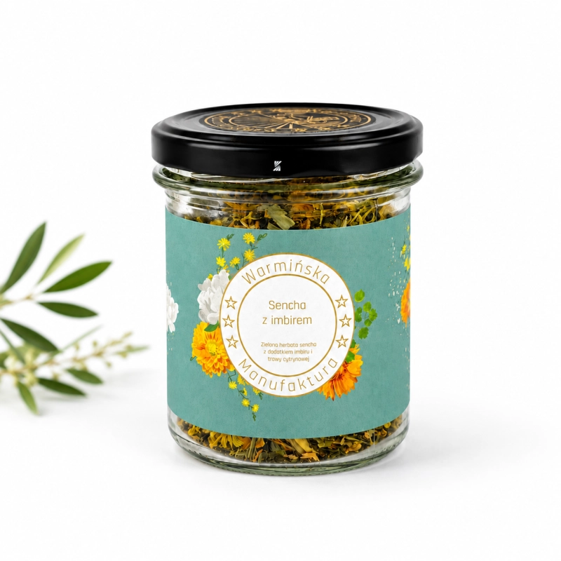 warmińska manufaktura, herbata sencha z imbirem, słoik 60g