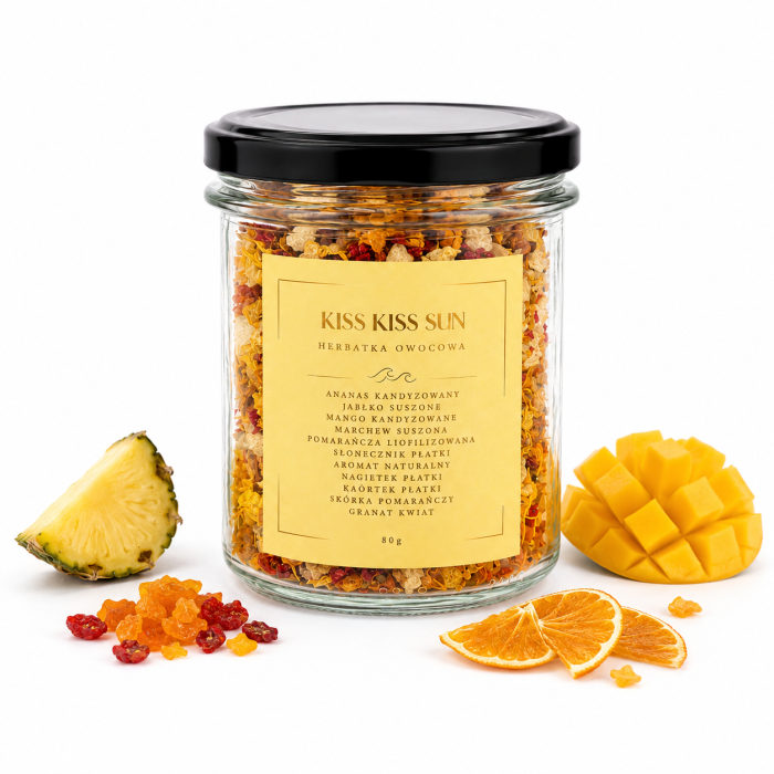 kokos, herbata kiss kiss sun, jabłko, mango, ananas, szklany słoik 80g