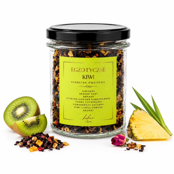 kokos, herbata zielona egzotyczne kiwi, jabłko, róża, ananas, słoik szklany 85g