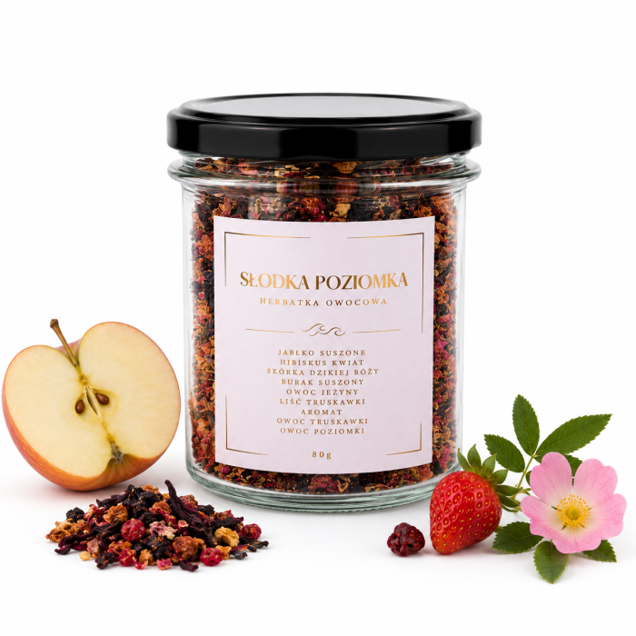 kokos, herbata słodka poziomka, jabłko, hibiskus, róża, truskawka, szklany słoik 80g