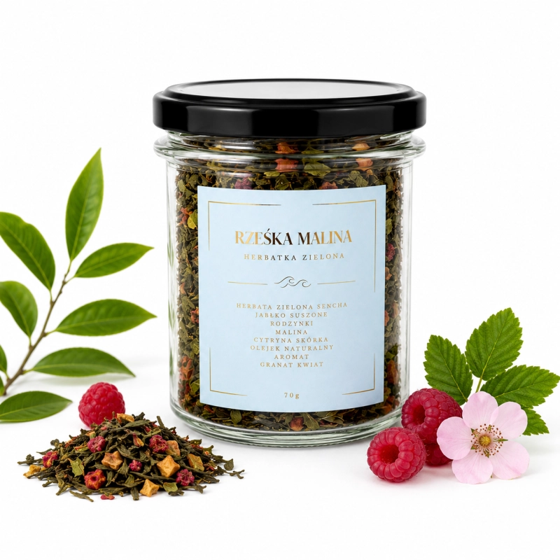kokos, herbata rześka malina, zielona sencha, jabłko, rodzynki, cytryna, szklany słoik 70g