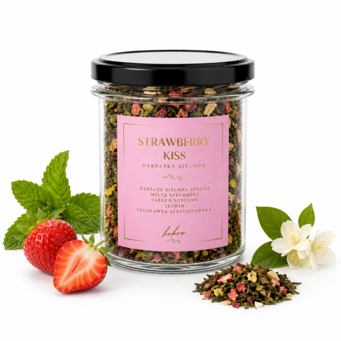 kokos, herbata strawberry kiss, zielona sencha, mięta, jabłko, jaśmin, truskawka, szklany słoik 65g