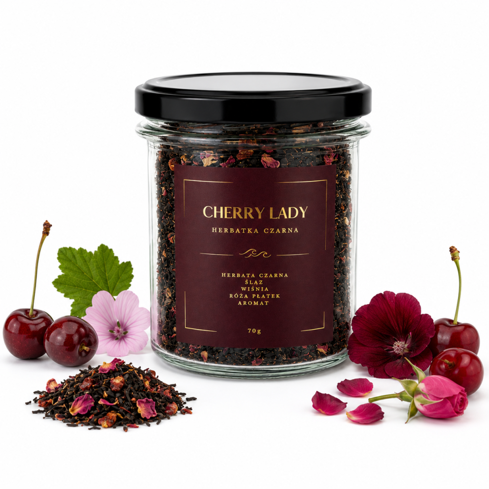 kokos, herbata cherry lady, herbata czarna, ślaz, wiśnia, róża, szklany słoik, 70g