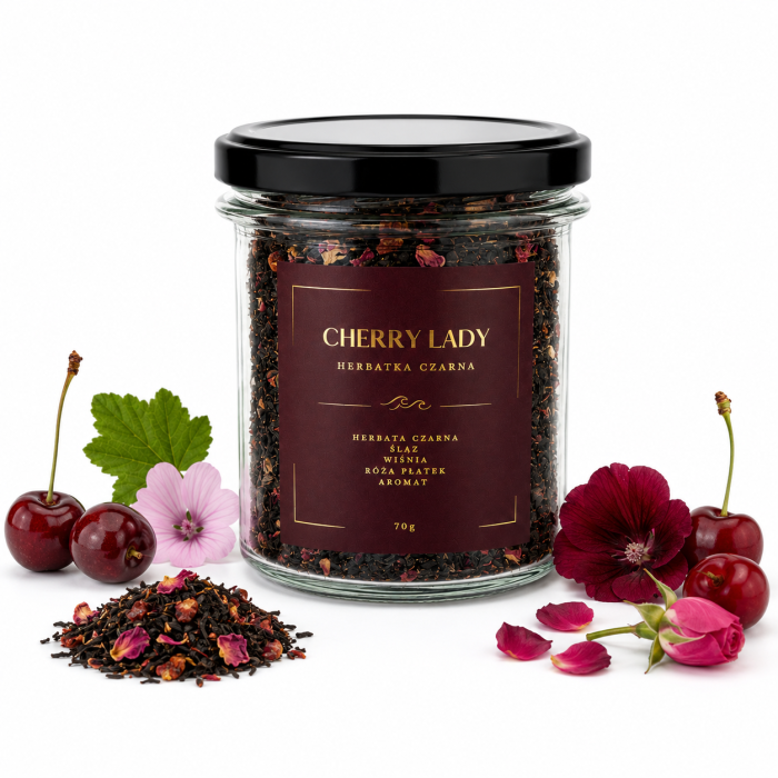 kokos, herbata cherry lady, herbata czarna, ślaz, wiśnia, róża, szklany słoik, 70g
