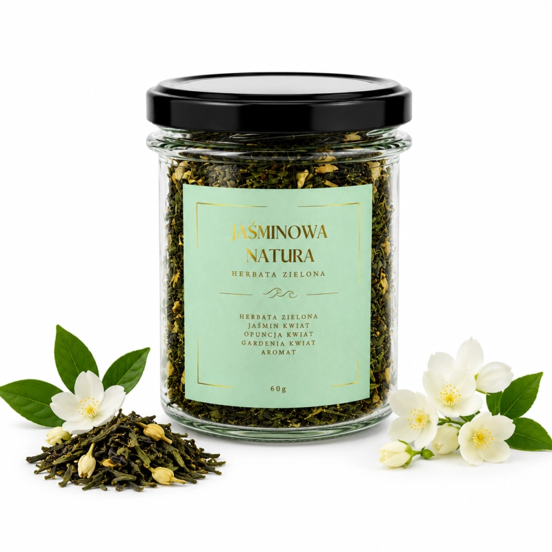 kokos, herbata jaśminowa natura, herbata zielona, jaśmin, opuncja, gardenia, szklany słoik 60g