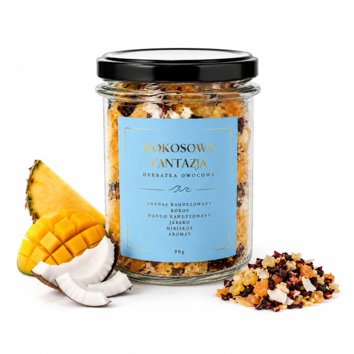 kokos, herbata kokosowa fantazja, ananas kandyzowany, mango, jabłko, hibiskus, szklany słoik 105g