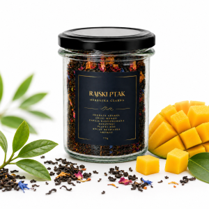 kokos, herbata cherry lady, herbata czarna, mango, papaja, rodzynki, szklany słoik 70g