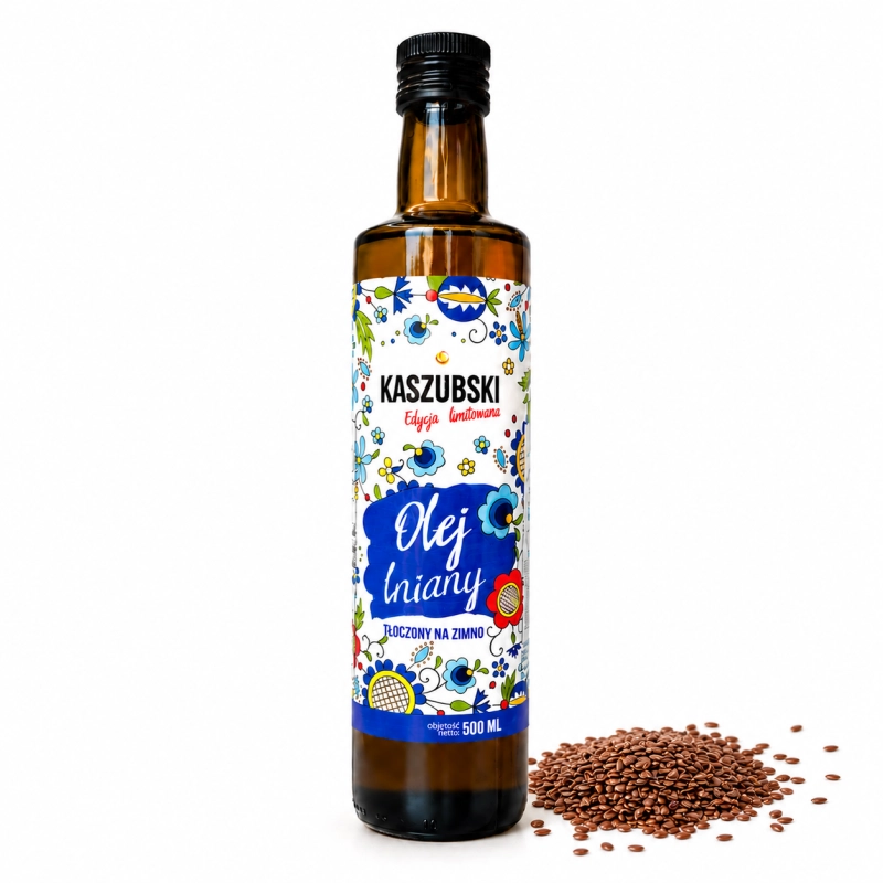kaszubskie oleje, olej lniany, naturalny polski, do sałatek, tłoczony na zimno, butelka szklana 500ml