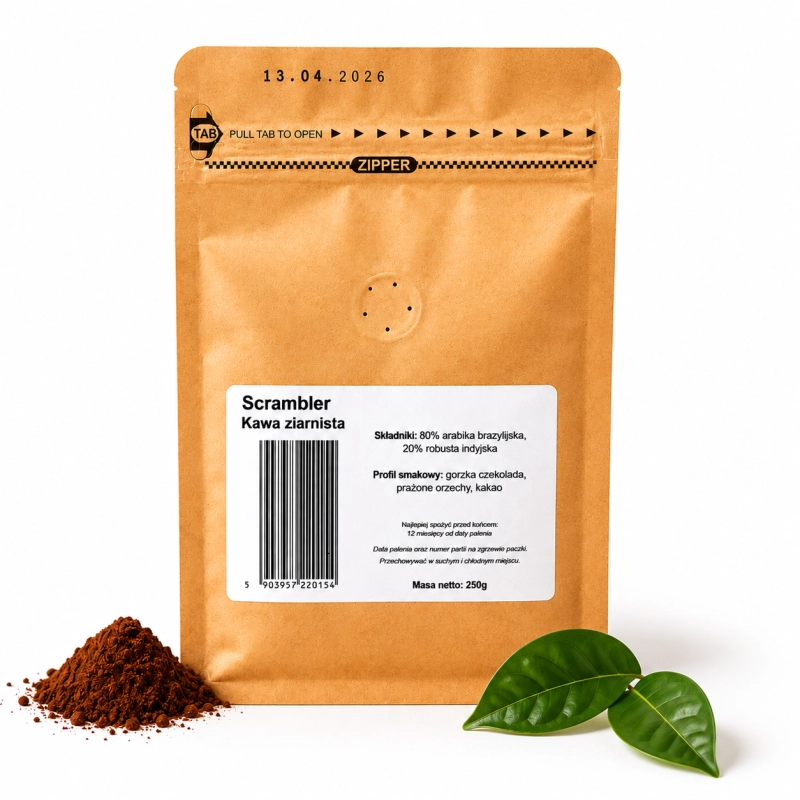 kawa ziarnista scrambler, 80% arabica 20% robusta, polska, papierowe opakowanie 250g