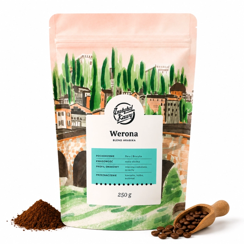 werona, kawa ziarnista 50% Arabika Brazylia 50% Arabika Peru, mleczna czekolada orzechy, opakowanie 250g