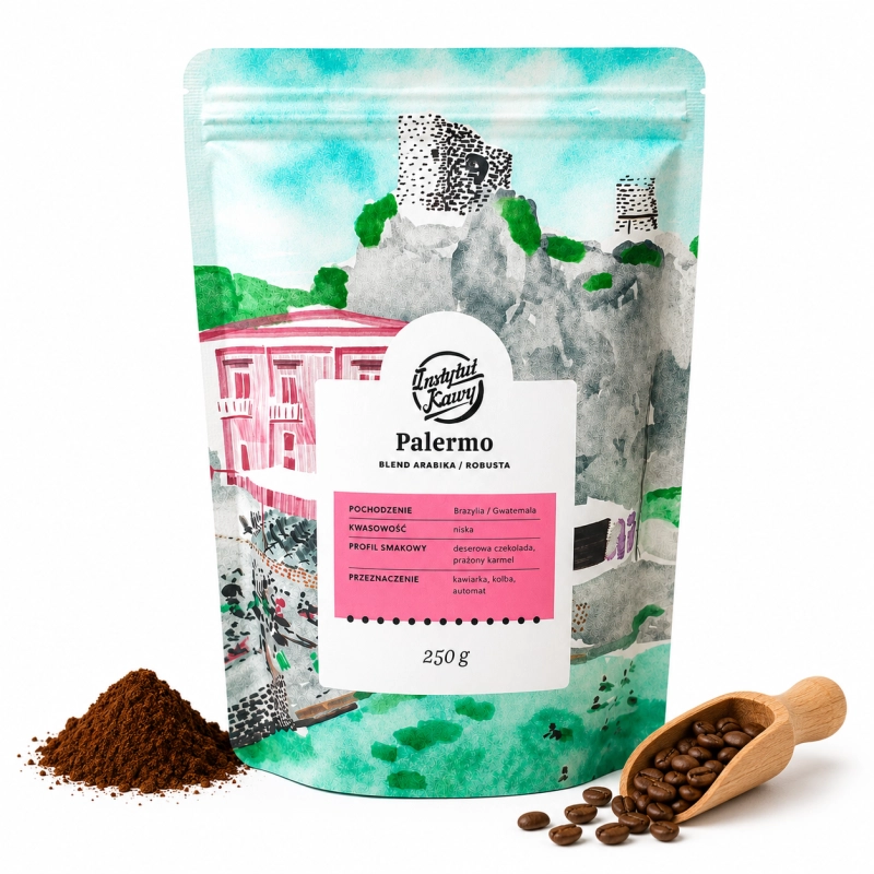 palermo, kawa ziarnista, 70% Arabika Brazylia 30% Robusta Gwatemala, deserowa czekolada, prażony karmel, niska kwasowość, opakowanie 250g