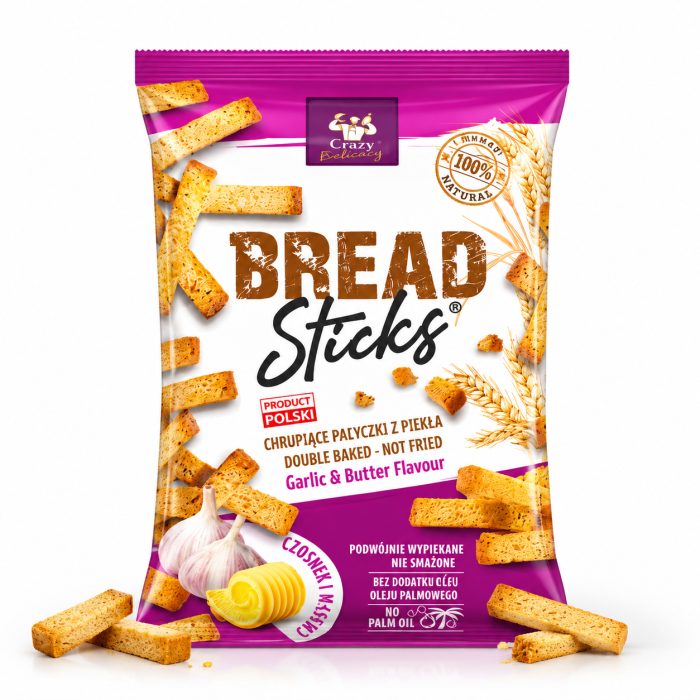 BREAD STICKS zdrowe pieczone chrupki paluszki chlebowe, czosnek i masło 60g