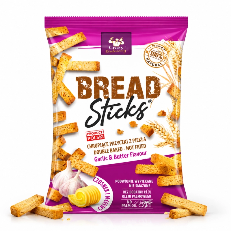 BREAD STICKS zdrowe pieczone chrupki paluszki chlebowe, czosnek i masło 60g