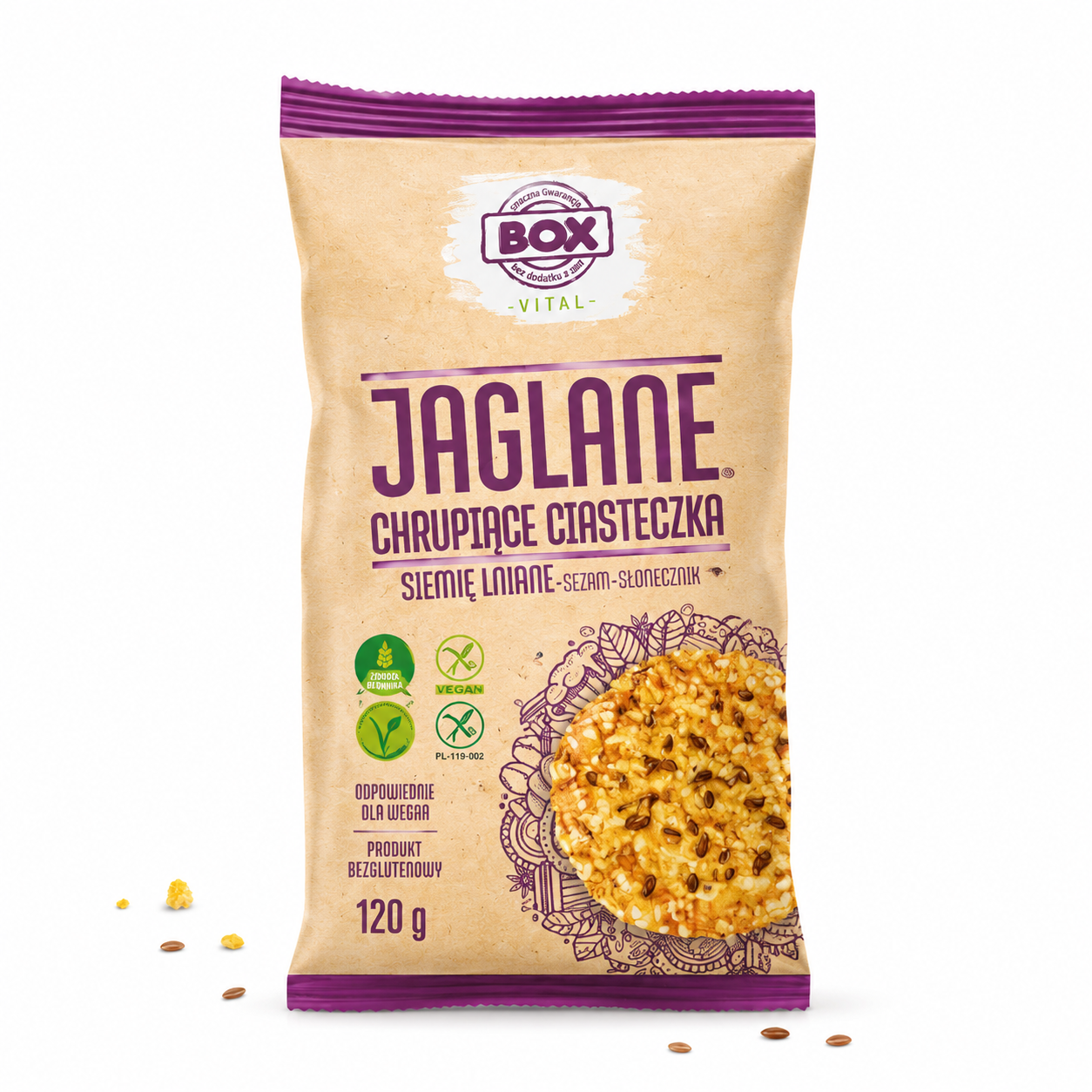 chrupiące ciasteczka, ciasteczka zbożowe, zdrowa przekąska, bezglutenowe przekąski, wegańskie ciasteczka, siemię lniane przekąska, sezam słonecznik snack, JAGLANE BOX VITAL