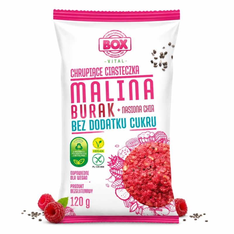 ciastka malinowe, ciastka burak, ciasteczka chia, zdrowe ciasteczka bez cukru, wegańskie przekąski, bezglutenowe ciasteczka, BOX VITAL malina burak, fit słodycze, naturalne przekąski, zdrowa alternatywa słodyczy