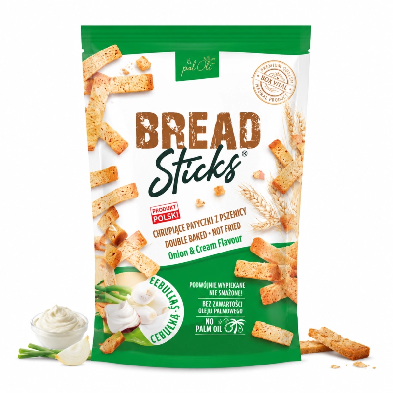 bread sticks, paluszki chlebowe, chrupiące paluszki, przekąska cebulowa, onion cream sticks, chipsy alternatywa, pieczone przekąski, snack 100g, przekąska do dipów, BOX VITAL snack