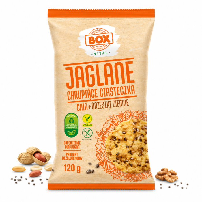 ciastka chia, ciasteczka orzechowe, zdrowe ciasteczka bez cukru, wegańskie przekąski, bezglutenowe ciasteczka, JAGLANE BOX VITAL, fit słodycze, naturalne przekąski, przekąski zdrowe, snack 120g