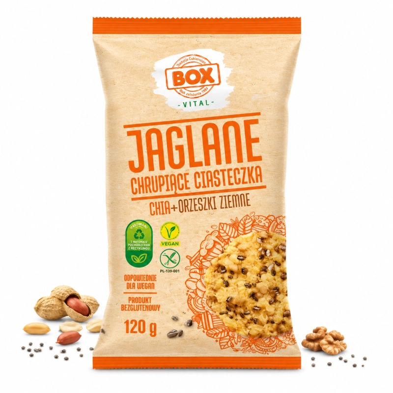 ciastka chia, ciasteczka orzechowe, zdrowe ciasteczka bez cukru, wegańskie przekąski, bezglutenowe ciasteczka, JAGLANE BOX VITAL, fit słodycze, naturalne przekąski, przekąski zdrowe, snack 120g