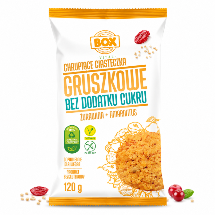 ciastka gruszkowe, ciasteczka żurawina, amarantus przekąska, zdrowe ciasteczka bez cukru, wegańskie przekąski, bezglutenowe ciasteczka, BOX VITAL gruszka, fit słodycze, naturalne przekąski, zdrowa żywność