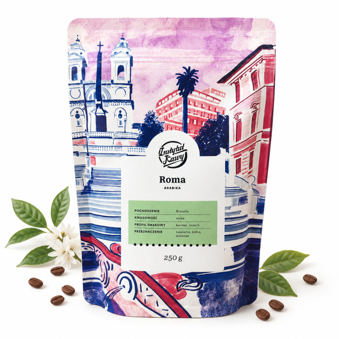 kawa Roma Arabika kawa arabika Brazylia kawa o niskiej kwasowości kawa karmel orzech kawa do kawiarki kawa do ekspresu kolbowego kawa do automatu Instytut Kawy Roma kawa 250 g