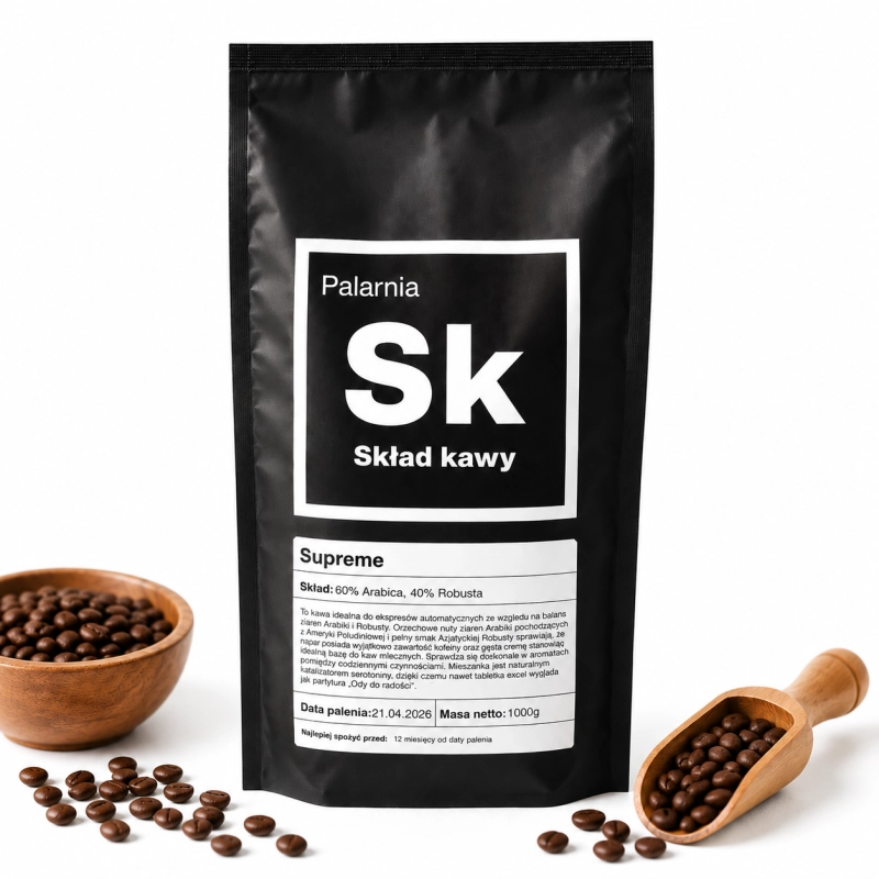 Supreme kawa ziarnista kawa Skład Kawy Supreme kawa 60% arabica 40% robusta mocna kawa ziarnista 1 kg kawa gorzka czekolada kawa kakao orzechy kawa do espresso kawa do automatu kawa do kawiarki kawa palarnia SK