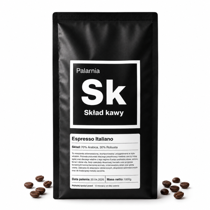 kawa ziarnista espresso italiano, kawa ziarnista 1000g, kawa 70 arabica 30 robusta, kawa do ekspresu, kawa espresso, włoska kawa ziarnista, kawa z palarni, kawa do ekspresu automatycznego, kawa z cremą, Palarnia Skład Kawy