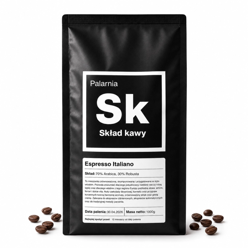 kawa ziarnista espresso italiano, kawa ziarnista 1000g, kawa 70 arabica 30 robusta, kawa do ekspresu, kawa espresso, włoska kawa ziarnista, kawa z palarni, kawa do ekspresu automatycznego, kawa z cremą, Palarnia Skład Kawy