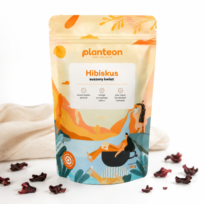 hibiskus suszony, hibiskus 50g, hibiskus do herbaty, suszony kwiat hibiskusa, herbata hibiskusowa, naturalny hibiskus, Planteon hibiskus, hibiskus napar, zioła do herbaty, kwiat hibiskusa suszony