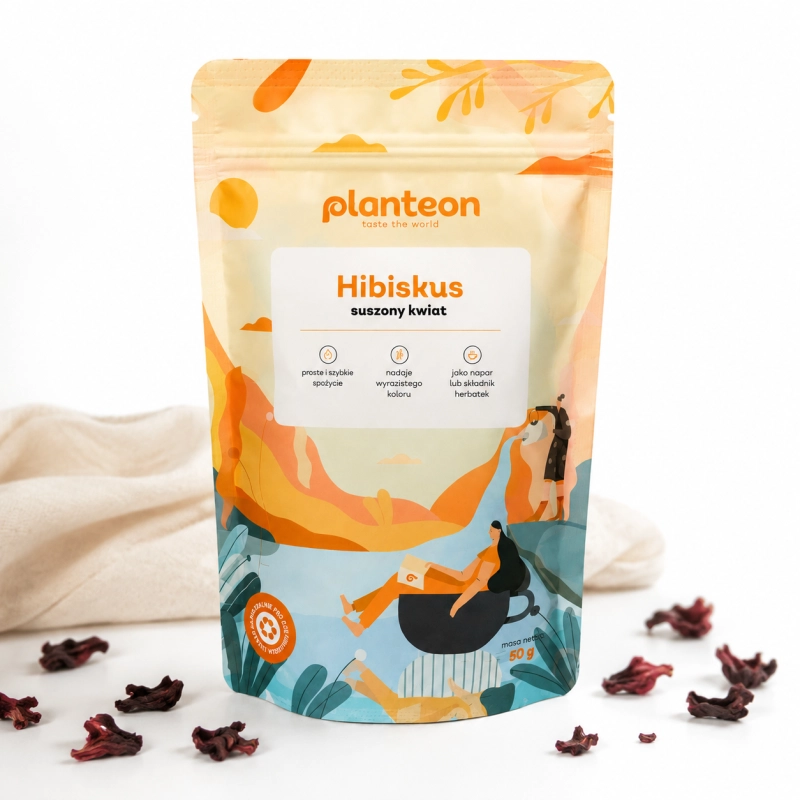 hibiskus suszony, hibiskus 50g, hibiskus do herbaty, suszony kwiat hibiskusa, herbata hibiskusowa, naturalny hibiskus, Planteon hibiskus, hibiskus napar, zioła do herbaty, kwiat hibiskusa suszony