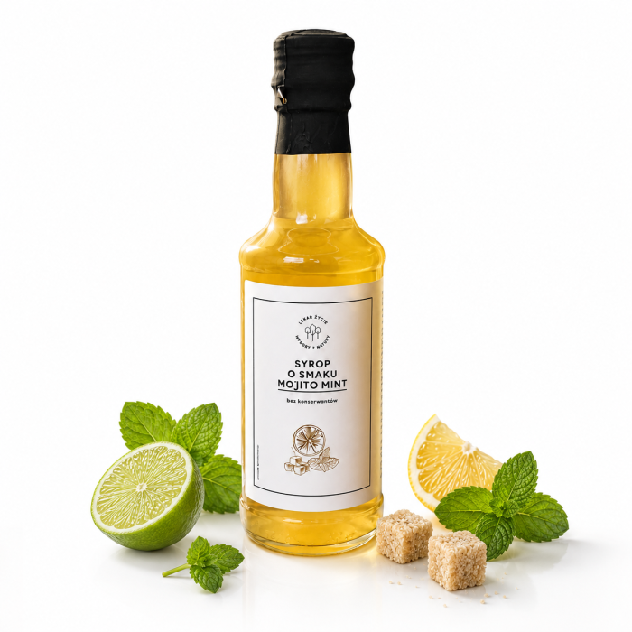 Orzeźwiający syrop o smaku Mojito Mint bez konserwantów. Idealny do lemoniad, koktajli, drinków, deserów i napojów z wodą gazowaną.