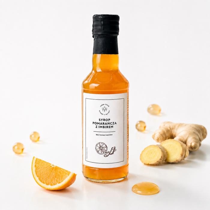 Naturalny syrop pomarańcza z imbirem bez konserwantów. Idealny do herbat, lemoniad, koktajli, drinków i deserów.