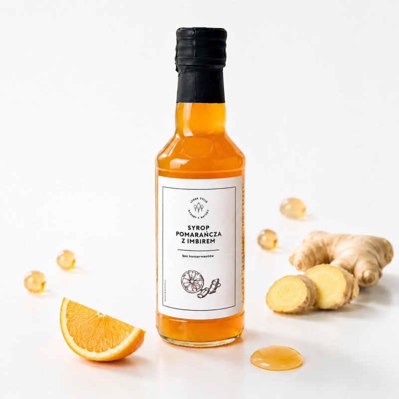 Naturalny syrop pomarańcza z imbirem bez konserwantów. Idealny do herbat, lemoniad, koktajli, drinków i deserów.