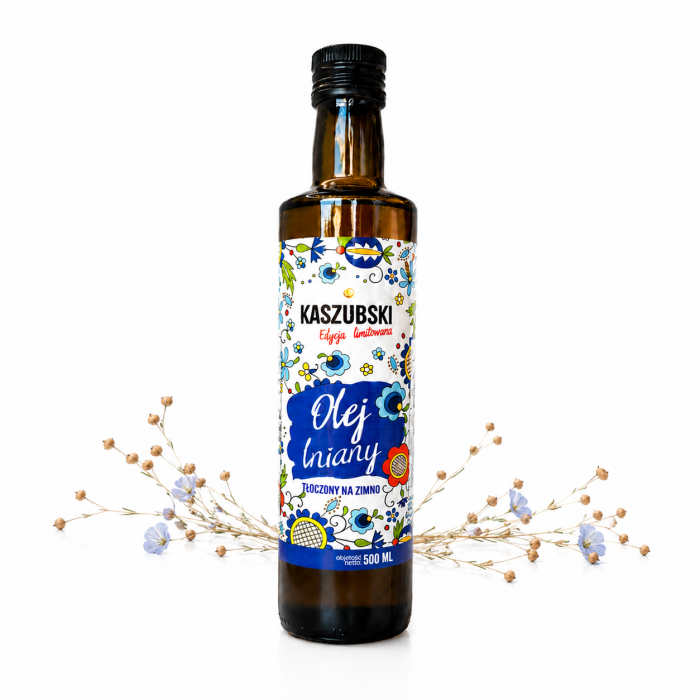 Naturalny olej lniany Kaszubski tłoczony na zimno 500 ml. Bogaty w omega-3, idealny do sałatek, twarogów i potraw na zimno.