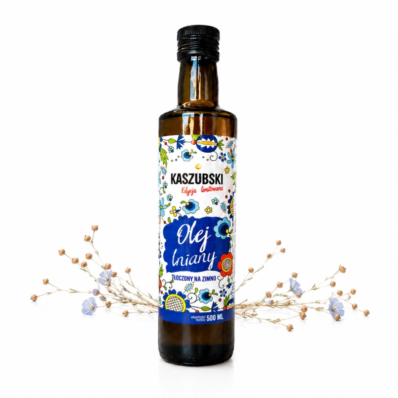 Naturalny olej lniany Kaszubski tłoczony na zimno 500 ml. Bogaty w omega-3, idealny do sałatek, twarogów i potraw na zimno.