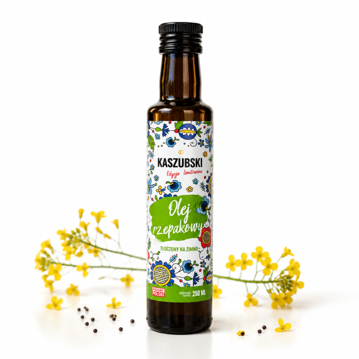 Naturalny olej rzepakowy Kaszubski tłoczony na zimno 250 ml. Bogaty w omega-3 i omega-6, idealny do sałatek i potraw na zimno.