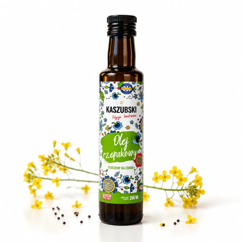 Naturalny olej rzepakowy Kaszubski tłoczony na zimno 250 ml. Bogaty w omega-3 i omega-6, idealny do sałatek i potraw na zimno.
