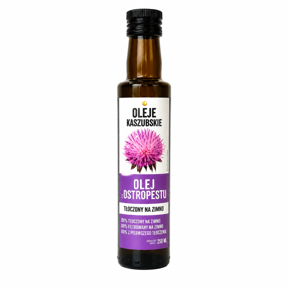 Oleje Kaszubskie olej z ostropestu tłoczony na zimno 250 ml to naturalny, wysokiej jakości olej roślinny pozyskiwany z nasion ostropestu plamistego. Produkt charakteryzuje się delikatnym, lekko orzechowym smakiem.