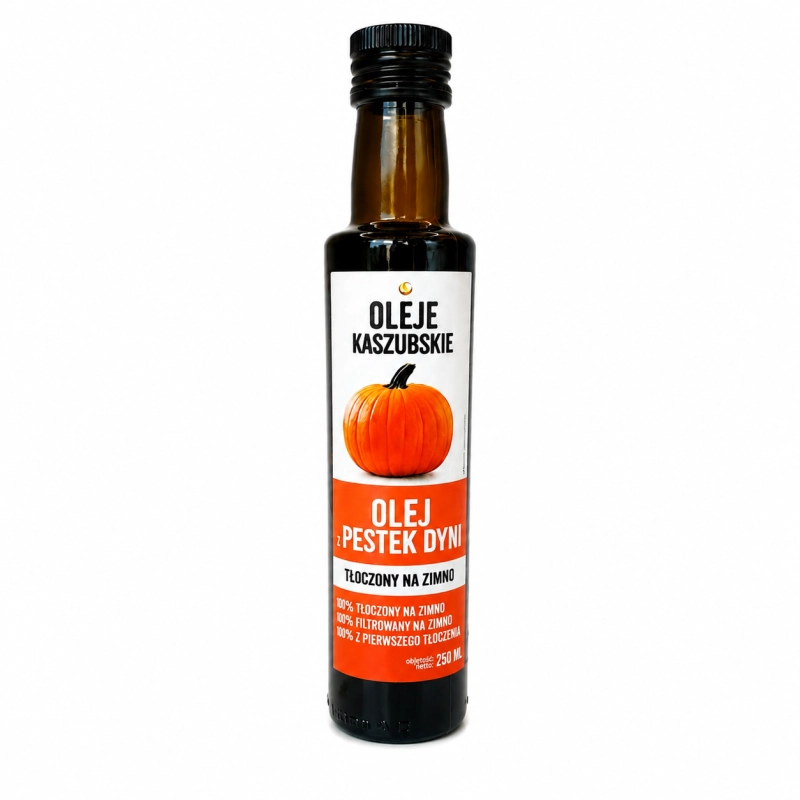 Oleje Kaszubskie olej z pestek dyni tłoczony na zimno 250 ml to naturalny olej premium o intensywnym smaku i wysokiej zawartości wartości odżywczych. Idealny do sałatek, sosów i dań na zimno, wspiera zdrową i zbilansowaną dietę.