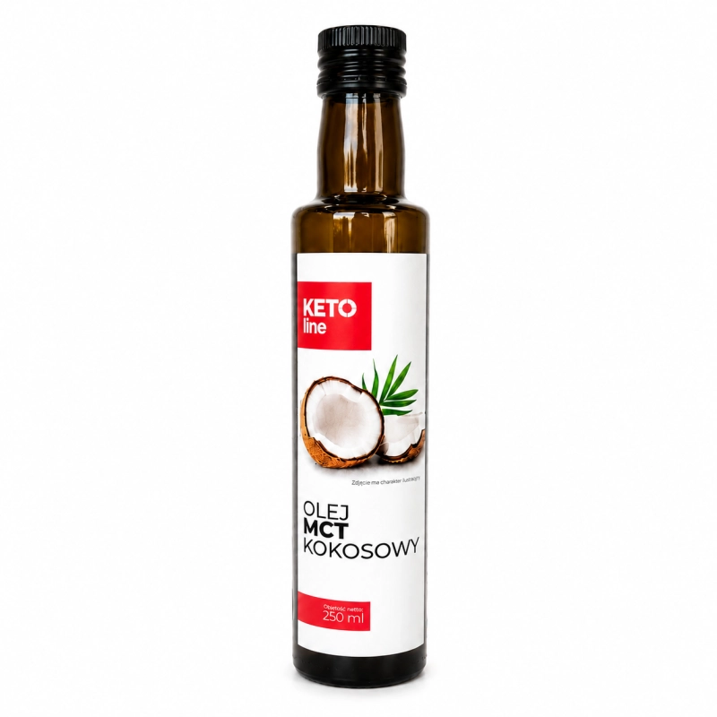 Olej MCT kokosowy Keto Line 250 ml to wysokiej jakości tłuszcz roślinny pozyskiwany z kokosa, idealny jako dodatek do kawy, koktajli, sałatek i diety ketogenicznej. Wygodna butelka i neutralny smak.